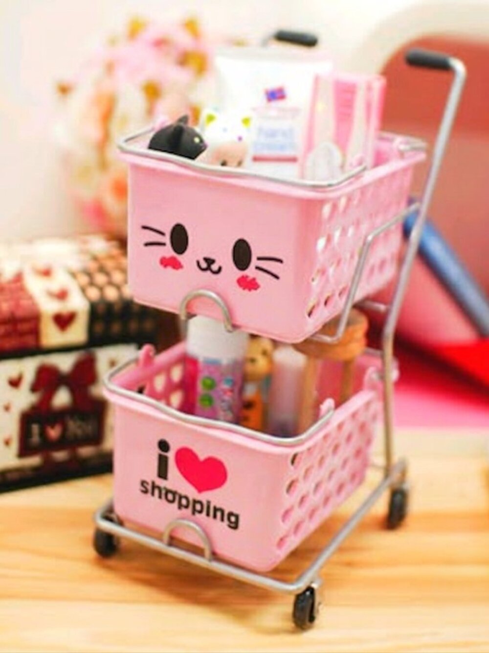RARE PINK KAWAII 2-TIER MINI SHOPPING CART - Desk Decor/Collectible/Storage